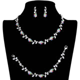 3PCS Flower Leaf Cluster Rhinestone Necklace Jewelry Set - Madeline Love - Flyclothing LLC