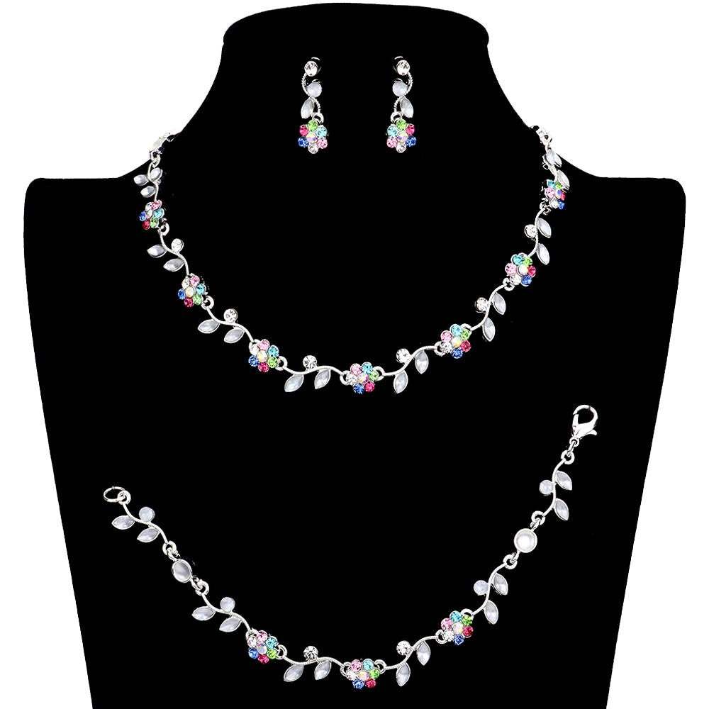 3PCS Flower Leaf Cluster Rhinestone Necklace Jewelry Set - Madeline Love - Flyclothing LLC