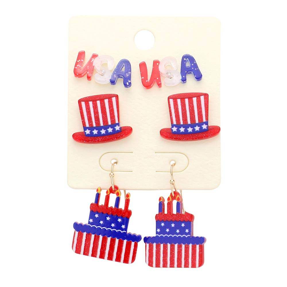 3Pairs American USA Flag Message Hat Cake Earrings - Madeline Love - Flyclothing LLC