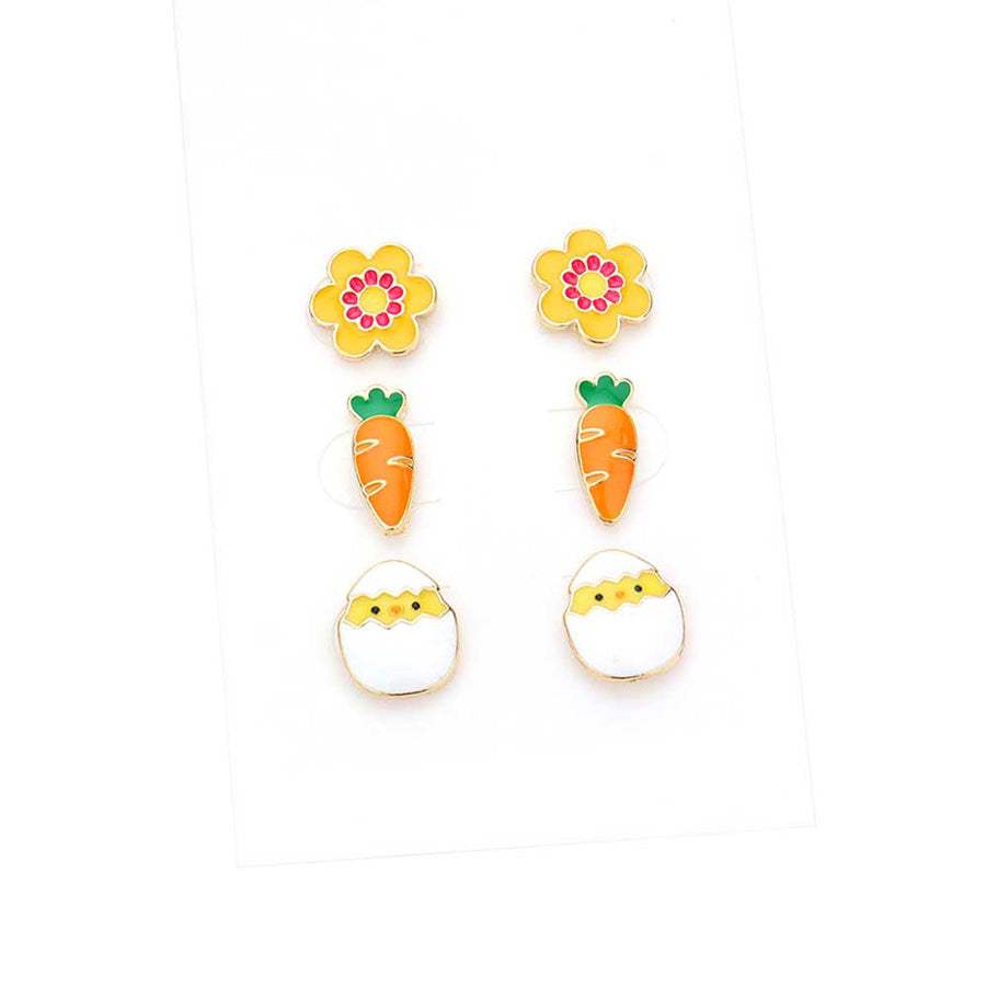 3Pairs Enamel Flower Carrot Easter Egg Stud Earrings - Madeline Love - Flyclothing LLC