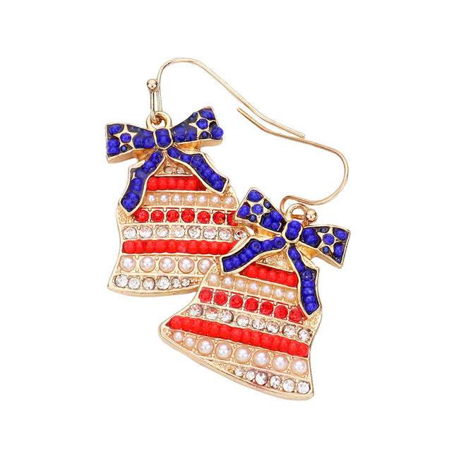 American USA Flag Bow Bell Dangle Earrings - Madeline Love - Flyclothing LLC