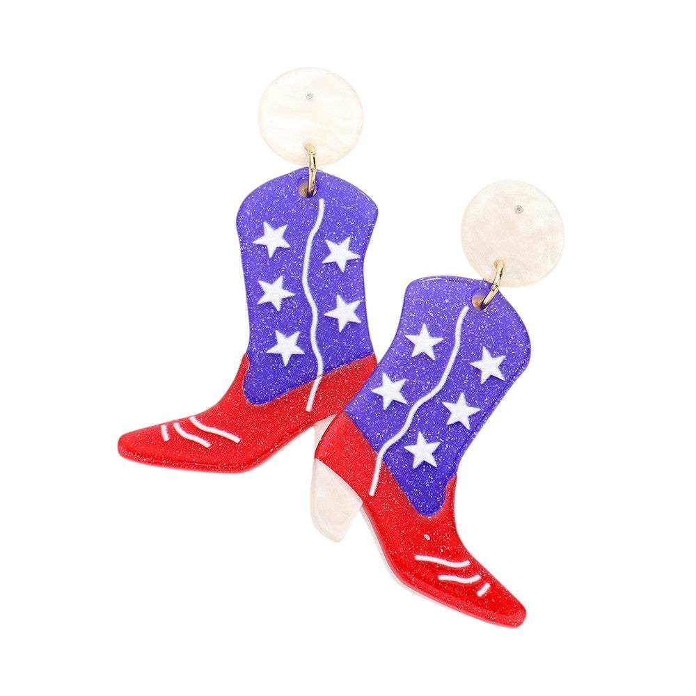 American USA Flag Glittered Western Boots Dangle Earrings - Madeline Love - Flyclothing LLC