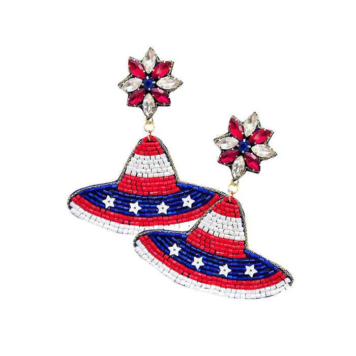 American USA Flag Hat Beaded Dangle Earrings - Madeline Love - Flyclothing LLC