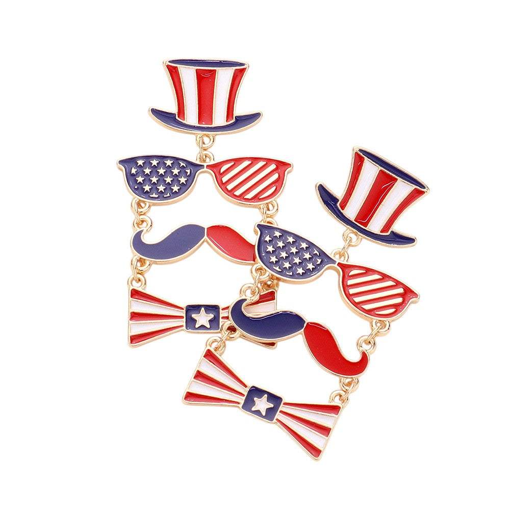 American USA Flag Hat Sunglasses Mustache Bow Link Dangle Earrings - Madeline Love - Flyclothing LLC