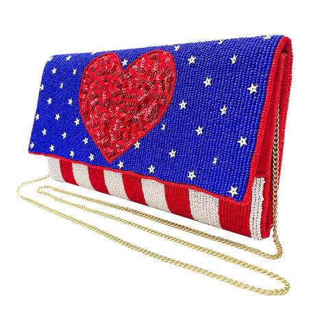 American USA Flag Heart Seed Beaded Clutch Crossbody Bag - Madeline Love - Flyclothing LLC