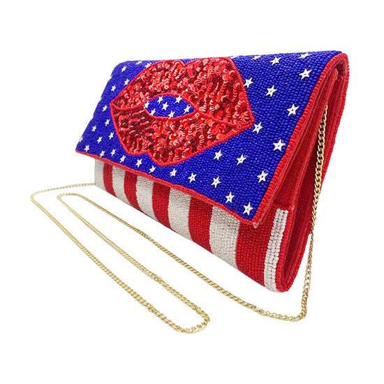 American USA Flag Lips Seed Beaded Clutch Crossbody Bag - Madeline Love - Flyclothing LLC