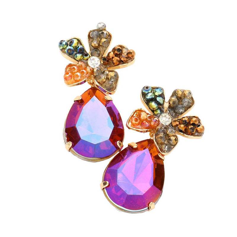 Beaded Flower Teardrop Stone Link Dangle Earrings - Madeline Love - Flyclothing LLC