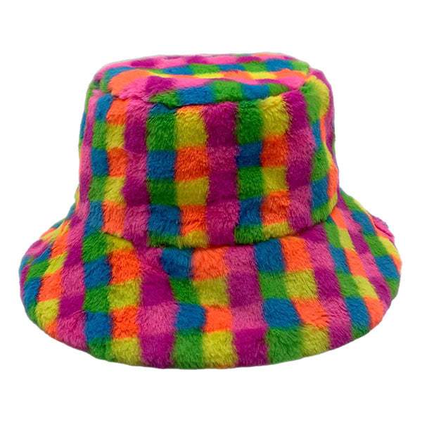 Checkered Faux Fur Bucket Hat - Madeline Love - Flyclothing LLC