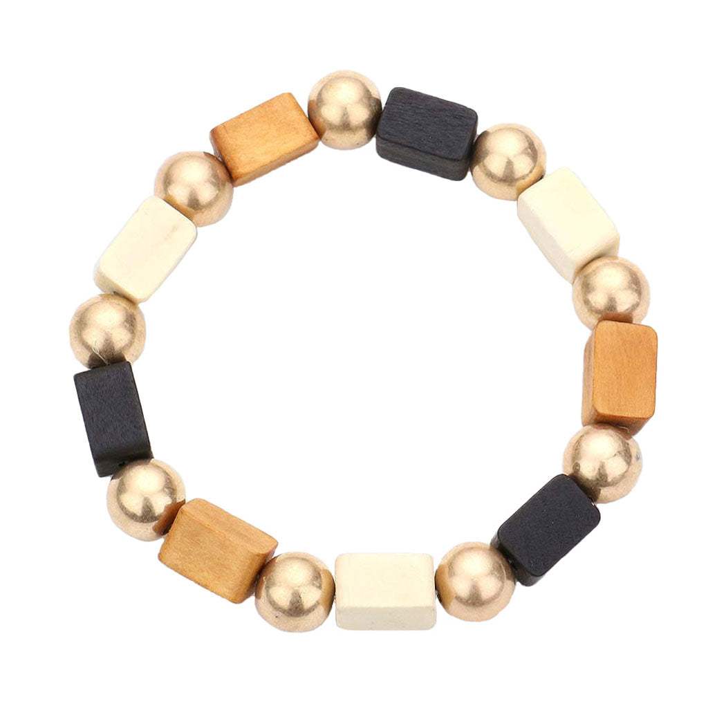 Cube Wood Metal Ball Stretch Bracelet - Madeline Love - Flyclothing LLC