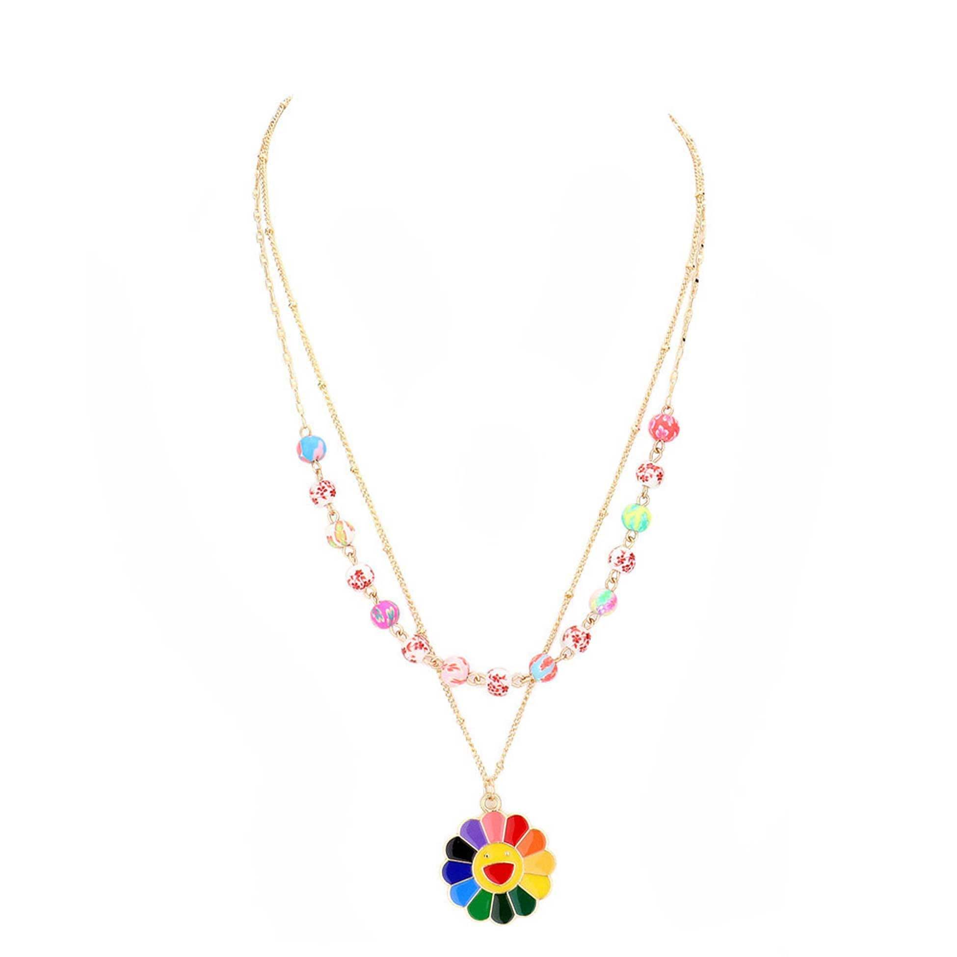 Enamel Smile Flower Patterned Beaded Double Layered Necklace - Madeline Love - Flyclothing LLC
