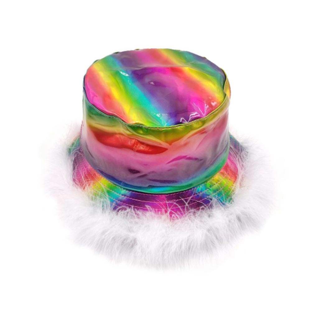 Faux Fur Trimmed Hologram Bucket Hat - Madeline Love - Flyclothing LLC