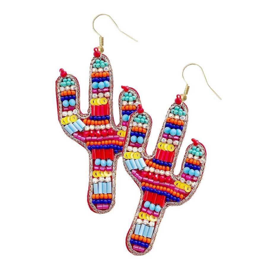 Felt Back Multi Beaded Cactus Dangle Earrings - Madeline Love - Flyclothing LLC