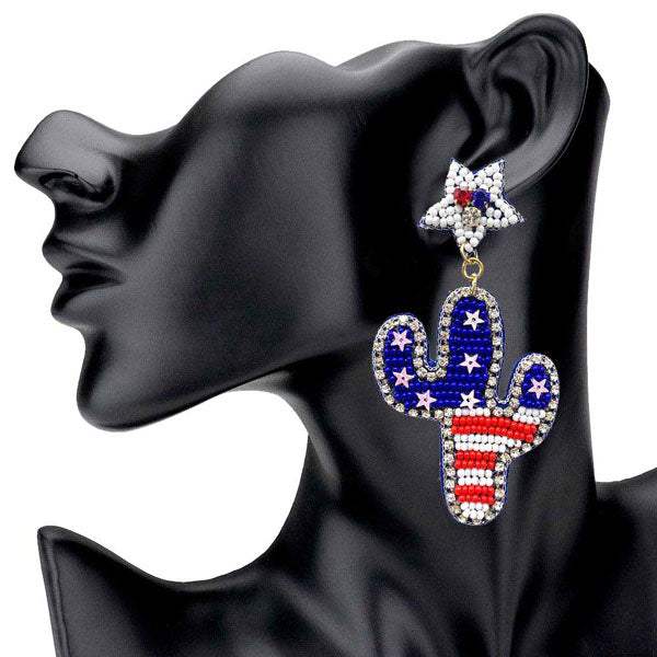 Felt Back Rhinestone Beaded Cactus Dangle Earrings - Madeline Love - Flyclothing LLC