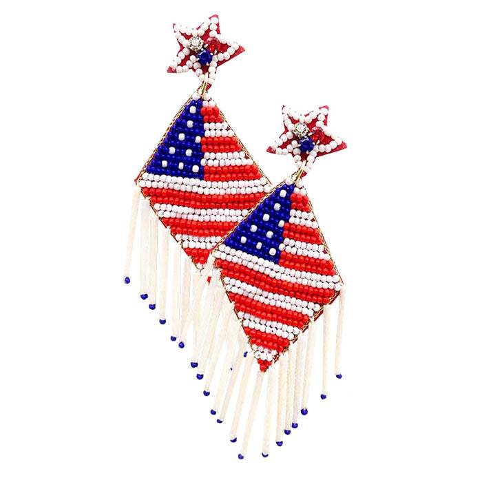 Felt Back Beaded American USA Flag Fringe Dangle Earrings - Madeline Love - Flyclothing LLC