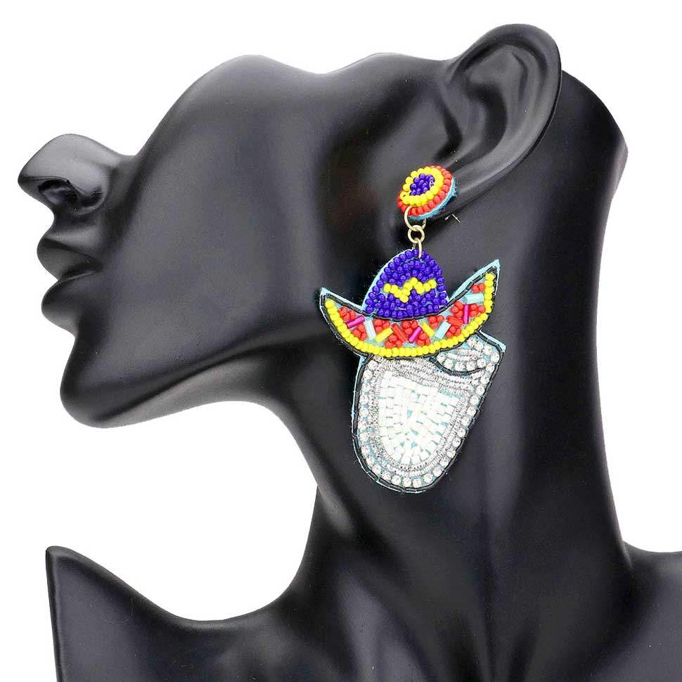 Felt Back Seed Beaded Cowboy Hat Accented Dangle Earrings - Madeline Love - Flyclothing LLC