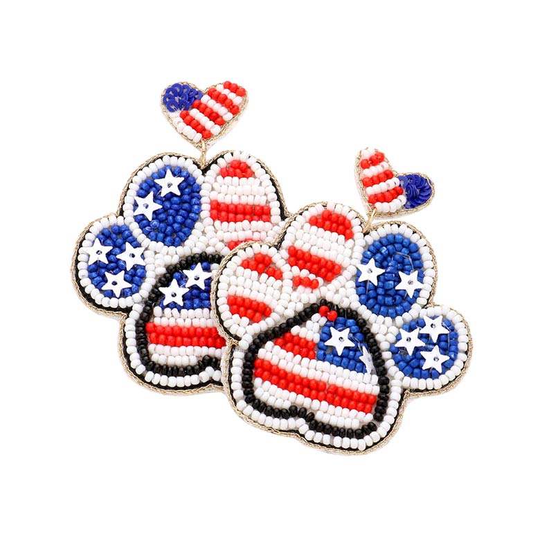 Felt Back Seed Beaded Heart American USA Flag Paw Earrings - Madeline Love - Flyclothing LLC