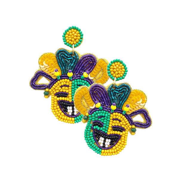 Felt Back Seed Beaded Mardi Gras Mask Dangle Earrings - Madeline Love - Flyclothing LLC