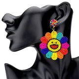 Felt Back Seed Beaded Smile Flower Dangle Earrings - Madeline Love - Flyclothing LLC