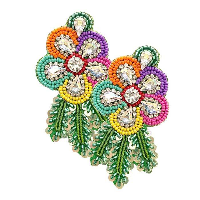 Felt Back Sequin Stone Seed Beaded Flower Leaf Earrings - Madeline Love - Flyclothing LLC