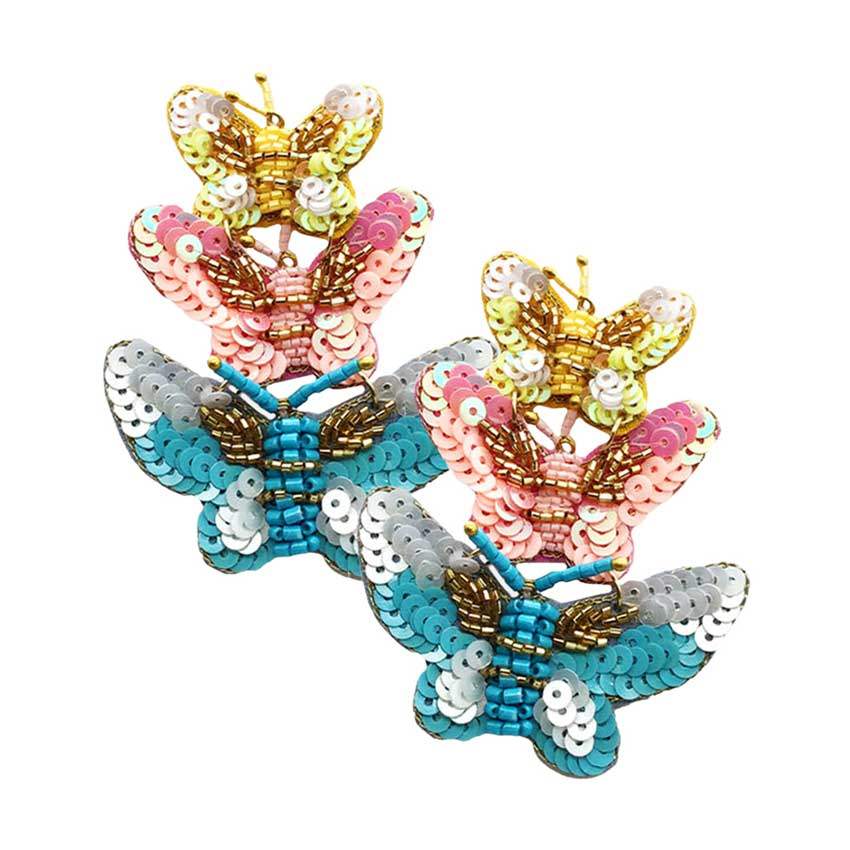 Felt Back Sequin Triple Butterfly Link Dangle Earrings - Madeline Love - Flyclothing LLC