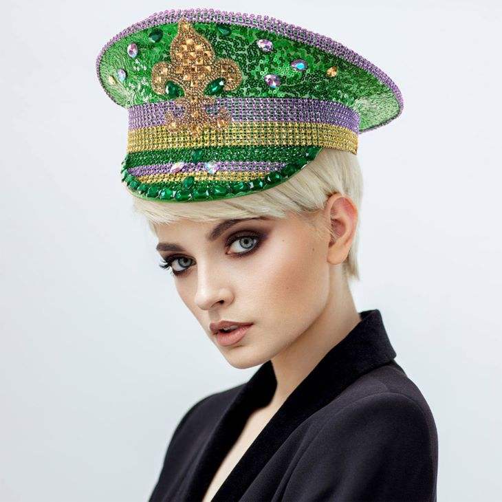 Fleur de Lis Stone Embellished Mardi Gras Sequin Captain Hat - Madeline Love - Flyclothing LLC