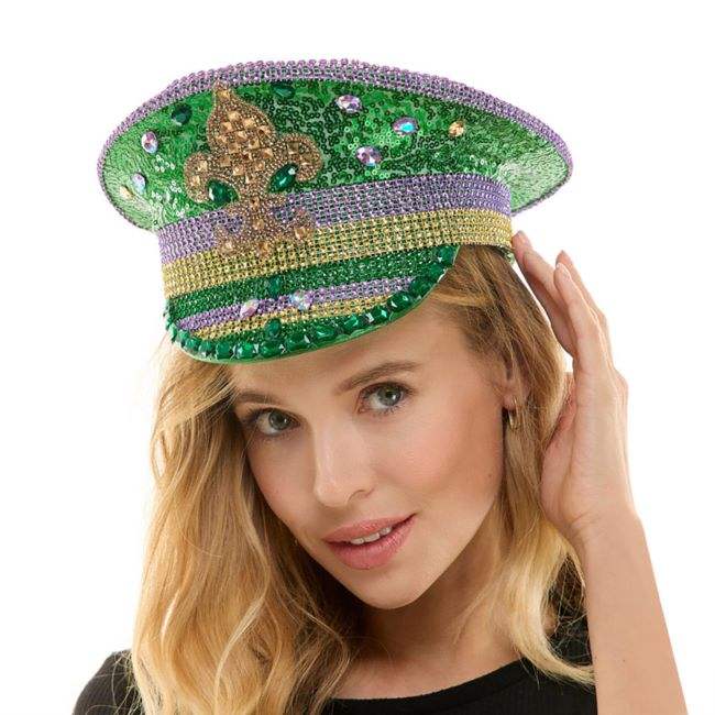 Fleur de Lis Stone Embellished Mardi Gras Sequin Captain Hat - Madeline Love - Flyclothing LLC