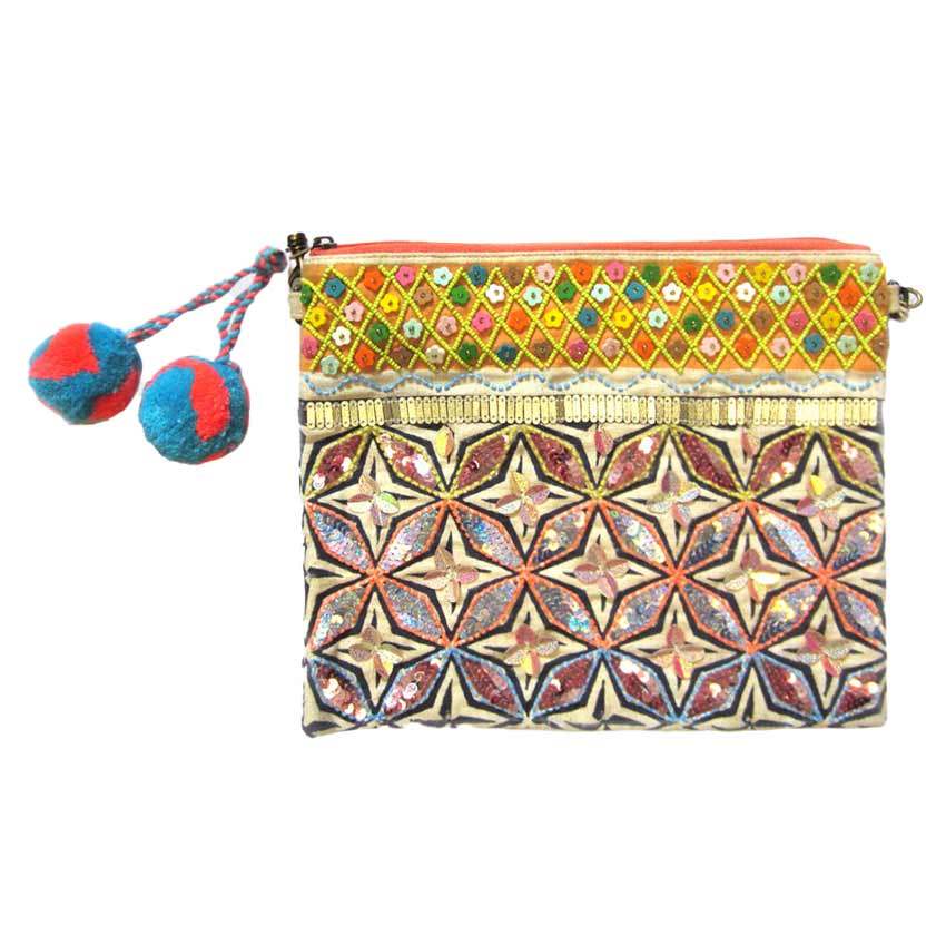 Floral Boho Sequin Pom Pom Crossbody Bag - Madeline Love - Flyclothing LLC