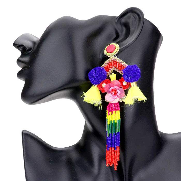 Flower Pom Pom Beaded Tassel Earrings - Madeline Love - Flyclothing LLC