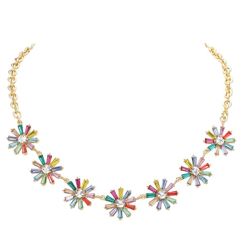 Glass Stone Embellished Flower Cluster Link Necklace - Madeline Love - Flyclothing LLC