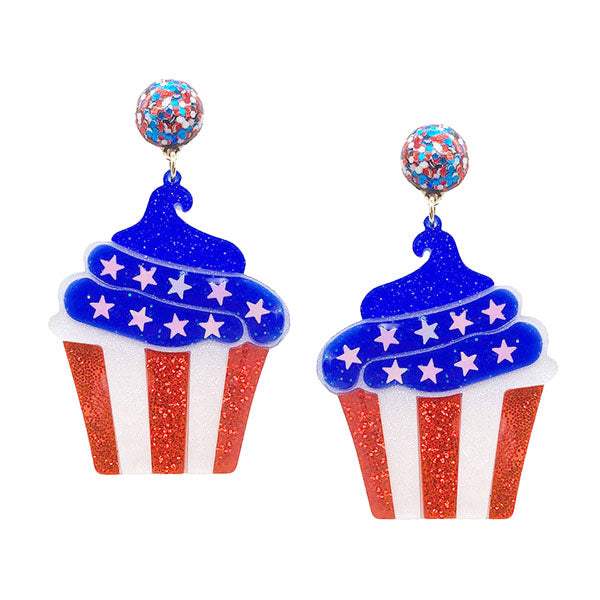 Glittered Resin American USA Flag Cupcake Dangle Earrings - Madeline Love - Flyclothing LLC