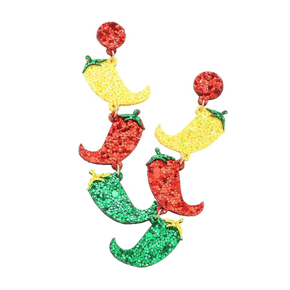 Glittered Triple Chili Pepper Link Dangle Earrings - Madeline Love - Flyclothing LLC