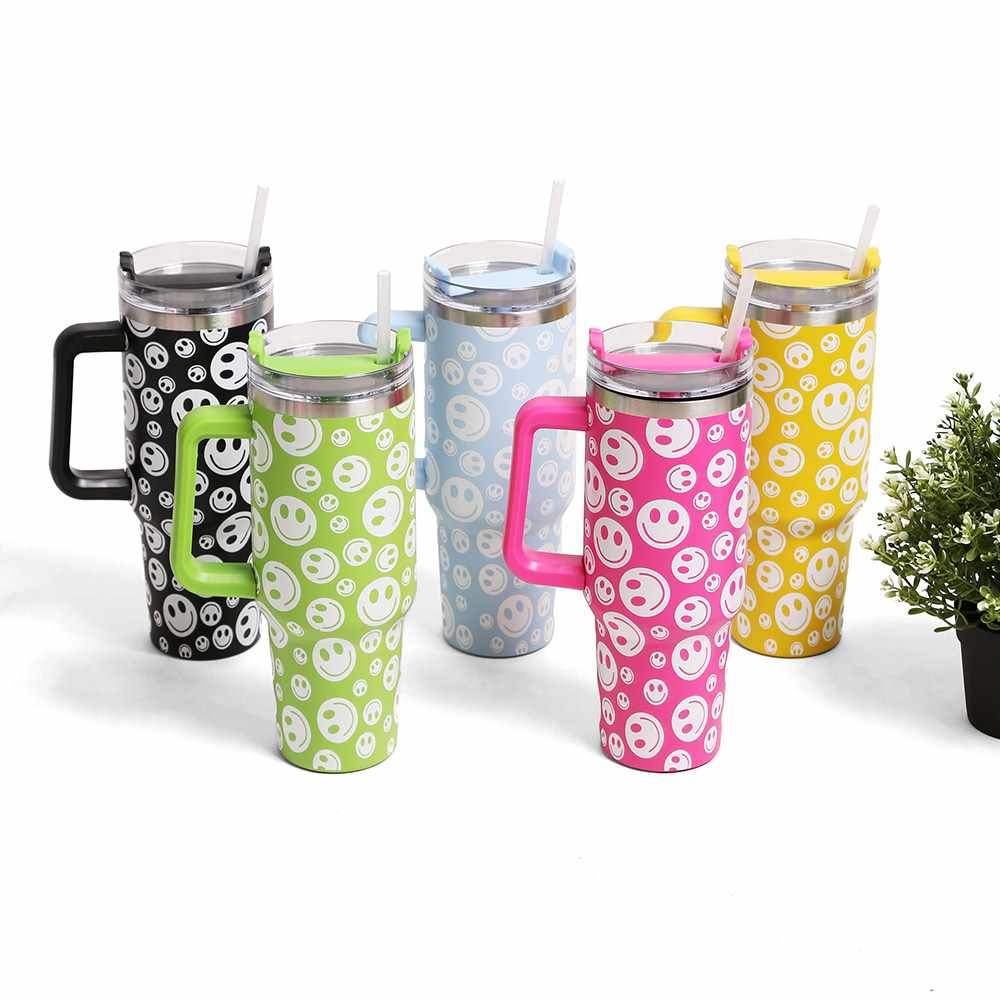 Happy Face Printed 40oz Stainless Steel Tumbler With Handle - Madeline Love - Flyclothing LLC