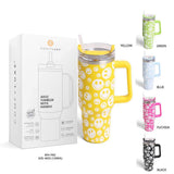 Happy Face Printed 40oz Stainless Steel Tumbler With Handle - Madeline Love - Flyclothing LLC