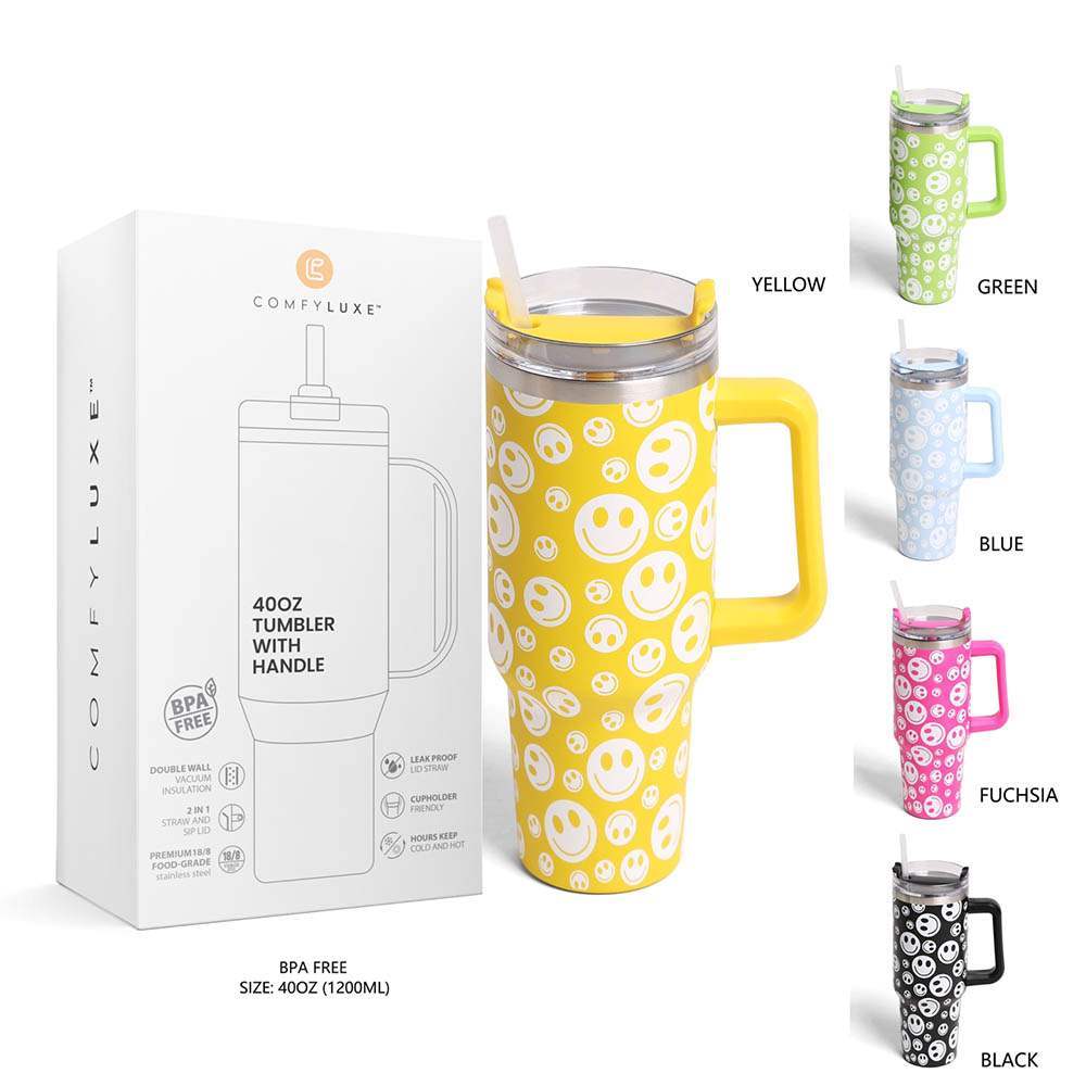 Happy Face Printed 40oz Stainless Steel Tumbler With Handle - Madeline Love - Flyclothing LLC