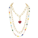 Heart Pendant Accented Pearl Resin Beaded Triple Layered Necklace - Madeline Love - Flyclothing LLC