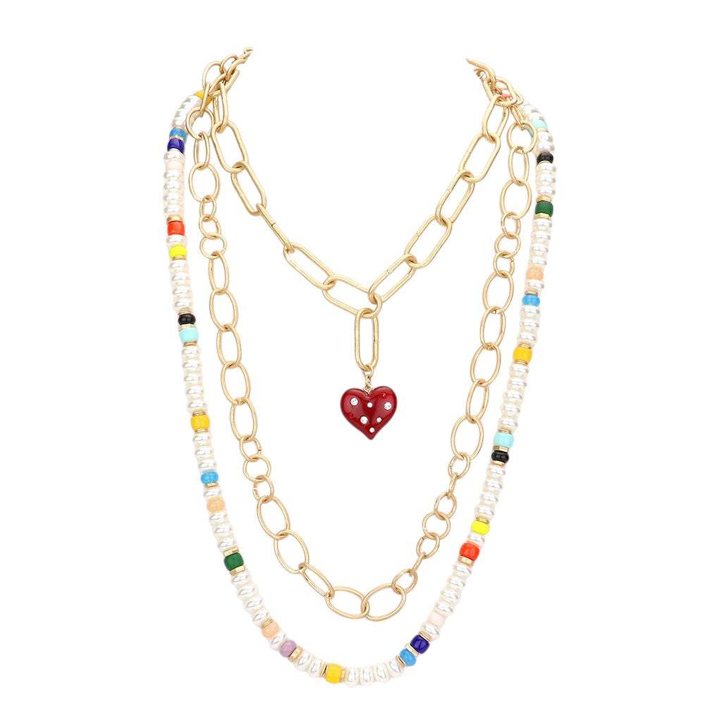 Heart Pendant Accented Pearl Resin Beaded Triple Layered Necklace - Madeline Love - Flyclothing LLC