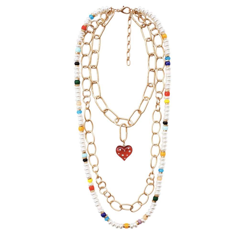 Heart Pendant Accented Pearl Resin Beaded Triple Layered Necklace - Madeline Love - Flyclothing LLC