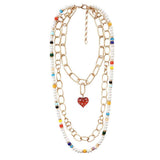 Heart Pendant Accented Pearl Resin Beaded Triple Layered Necklace - Madeline Love - Flyclothing LLC