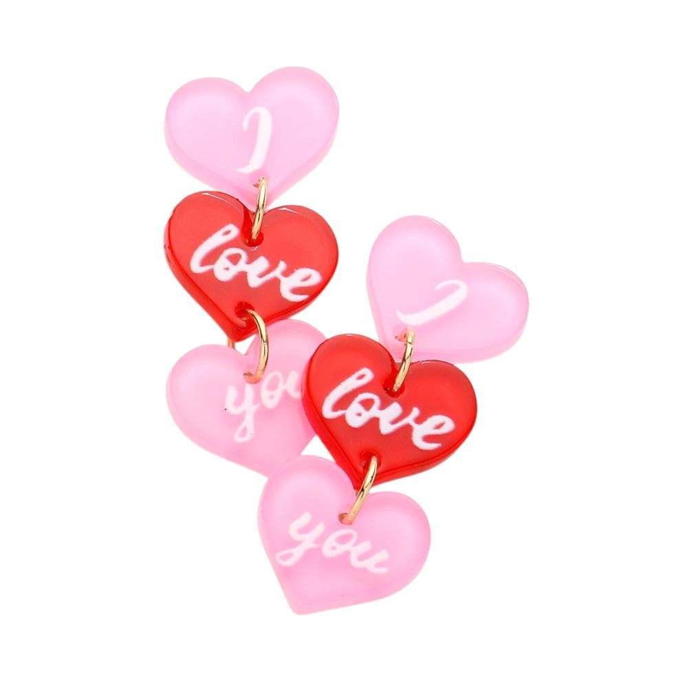 I love you Message Triple Resin Heart Link Dangle Earrings - Madeline Love - Flyclothing LLC