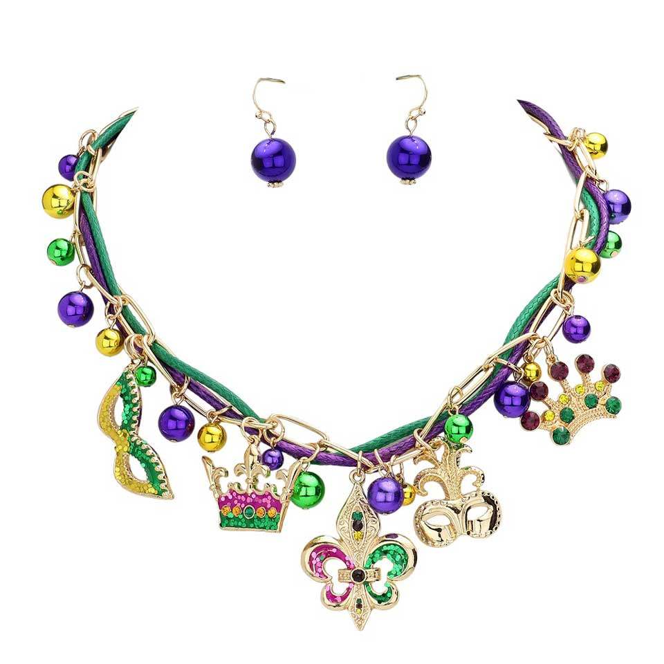 Mardi Gras Fleur de Lis Mask Crown Pendant Thread Jewelry Set - Madeline Love - Flyclothing LLC