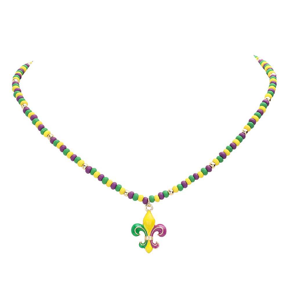 Mardi Gras Fleur de Lis Pendant Wood Ball Necklace - Madeline Love - Flyclothing LLC