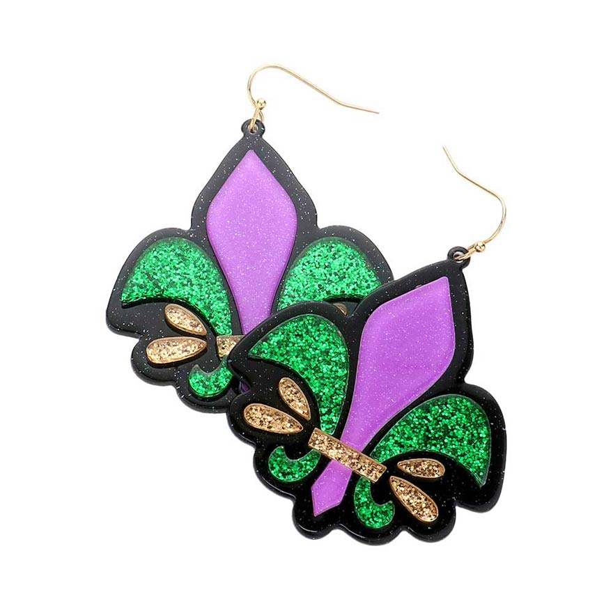 Mardi Gras Glittered Resin Fleur de Lis Dangle Earrings - Madeline Love - Flyclothing LLC