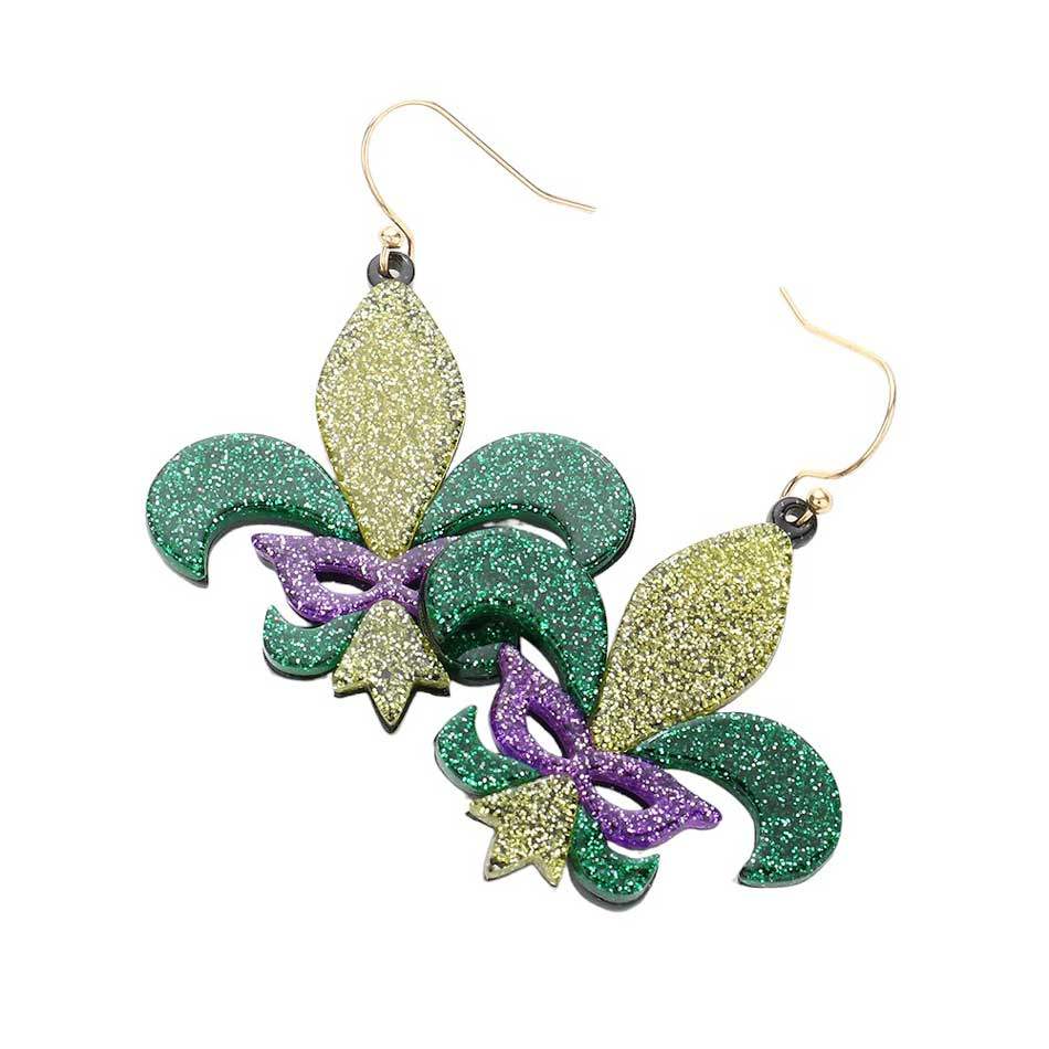 Mardi Gras Glittered Resin Fleur de Lis Mask Earrings - Madeline Love - Flyclothing LLC
