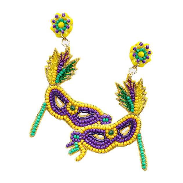 Mardi Gras Seed Beaded Felt Back Party Mask Dangle Earrings - Madeline Love - Flyclothing LLC