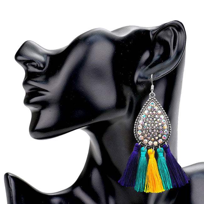 Mardi Gras Stone Embellished Metal Teardrop Tassel Dangle Earrings - Madeline Love - Flyclothing LLC