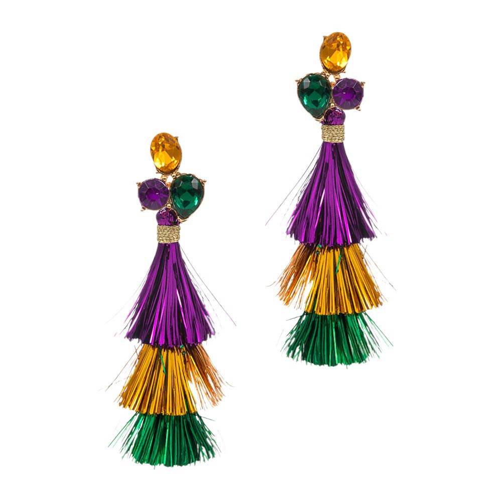 Mardi Gras Triple Tassel Layered Dangle Earrings - Madeline Love - Flyclothing LLC