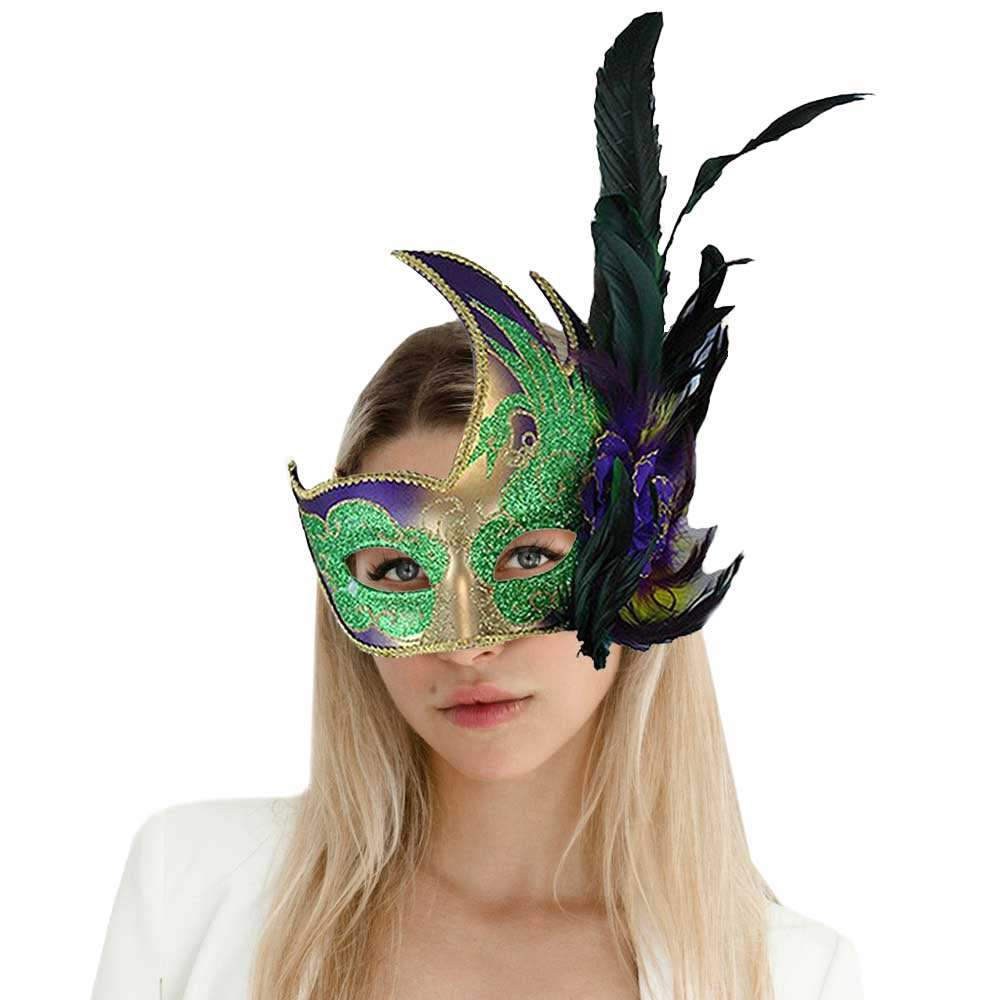 Mardi Gras Venetian Styled Mask With Feather Oneside - Madeline Love - Flyclothing LLC