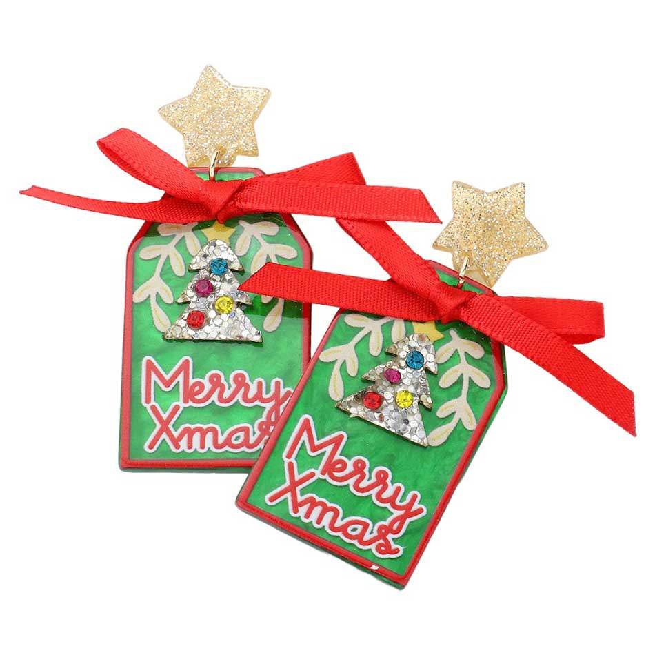 Merry Xmas Message Christmas Tree Ribbon Resin Earrings - Madeline Love - Flyclothing LLC