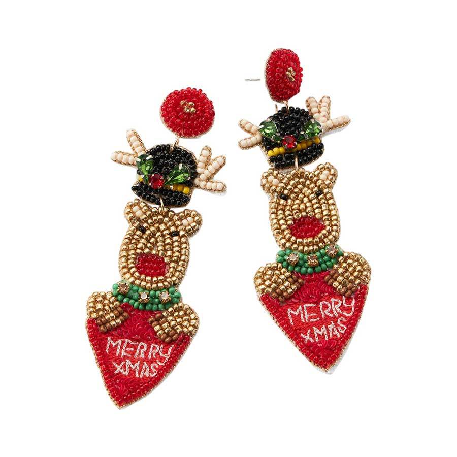 Merry Xmas Message Felt Back Seed Beaded Rudolph Heart Dangle Earrings - Madeline Love - Flyclothing LLC