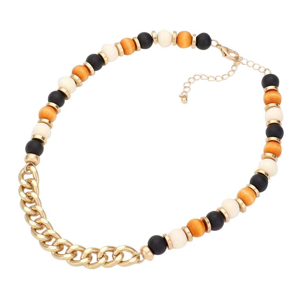 Metal Chain Link Accented Wood Necklace - Madeline Love - Flyclothing LLC